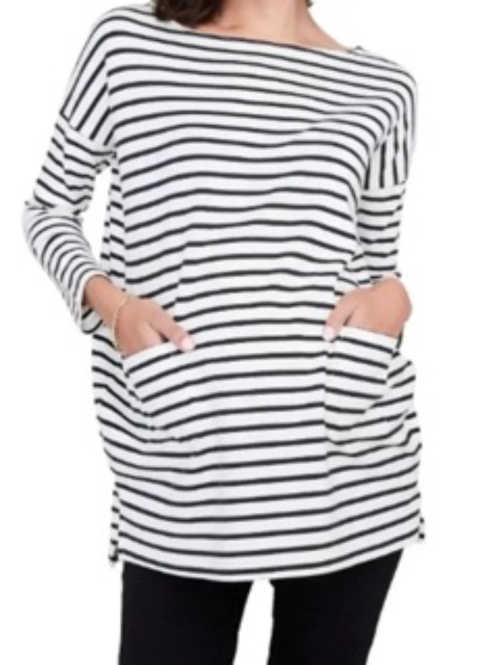 Hatch Maternity Bateau Boat Neck Striped Cotton Top Pockets 1 Small S